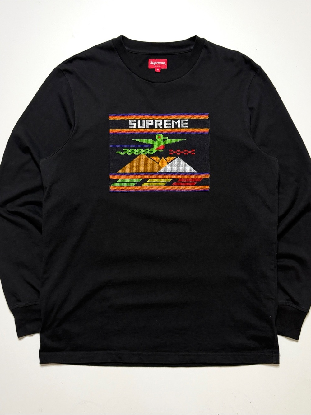Supreme Needlepoint Long Sleeve T-Shirt Mens Medium Black Embroidery